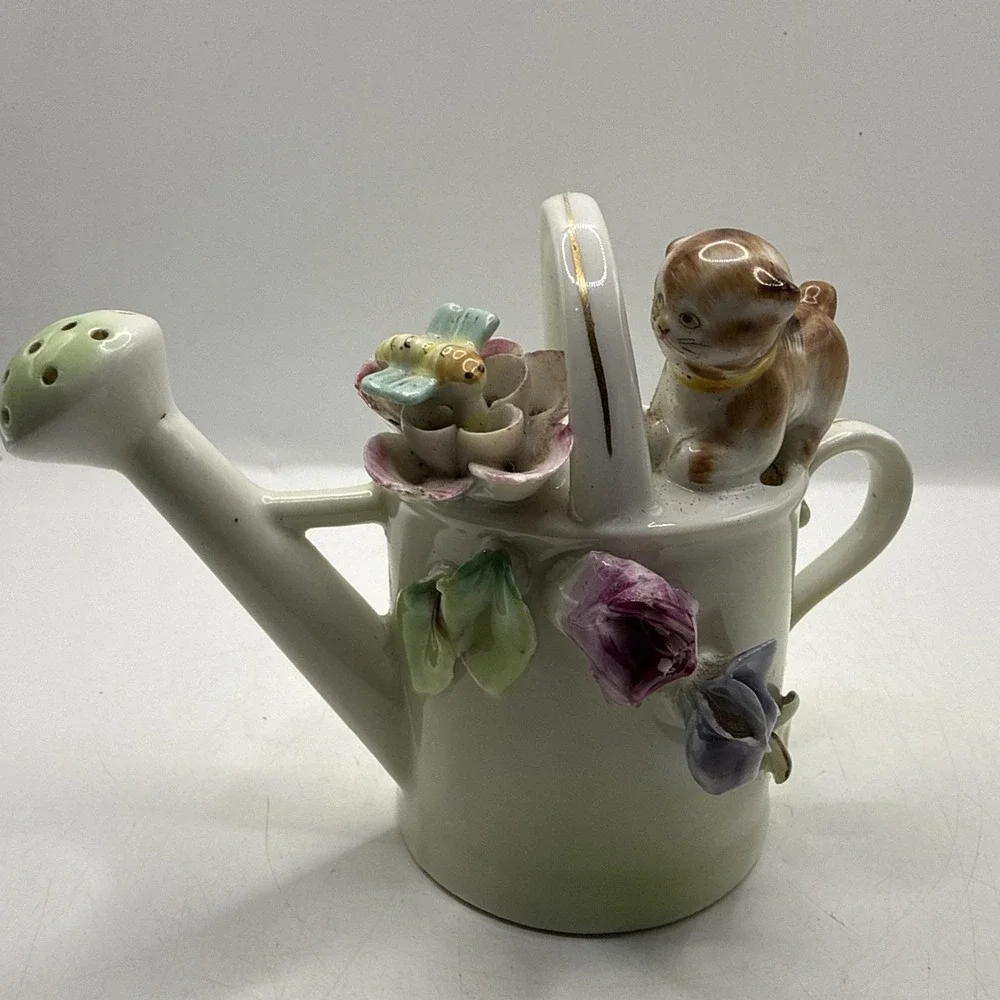Vintage Lefton Mini Watering Can Creamer Cat Bee Hand Painted Japan